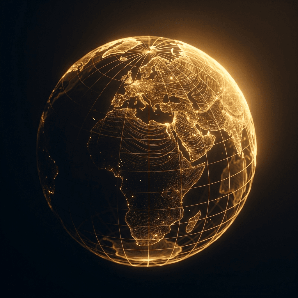 A glowing wireframe globe representing globally deployed AI systems